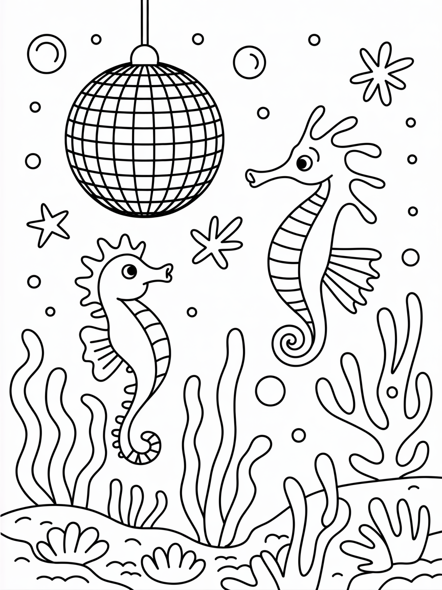 Disco ball, seahorse, seadragon, pipefish - Free Coloring Page