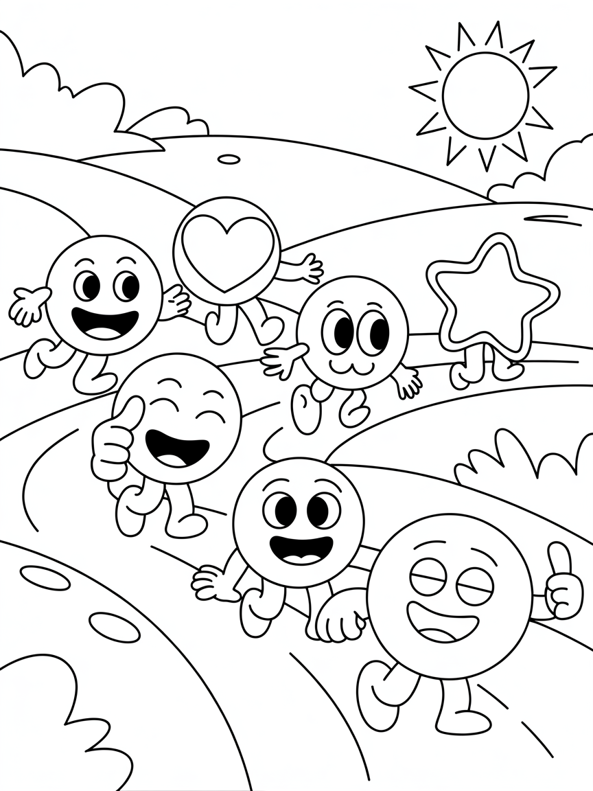 Different Emojis on a journey - Free Coloring Page