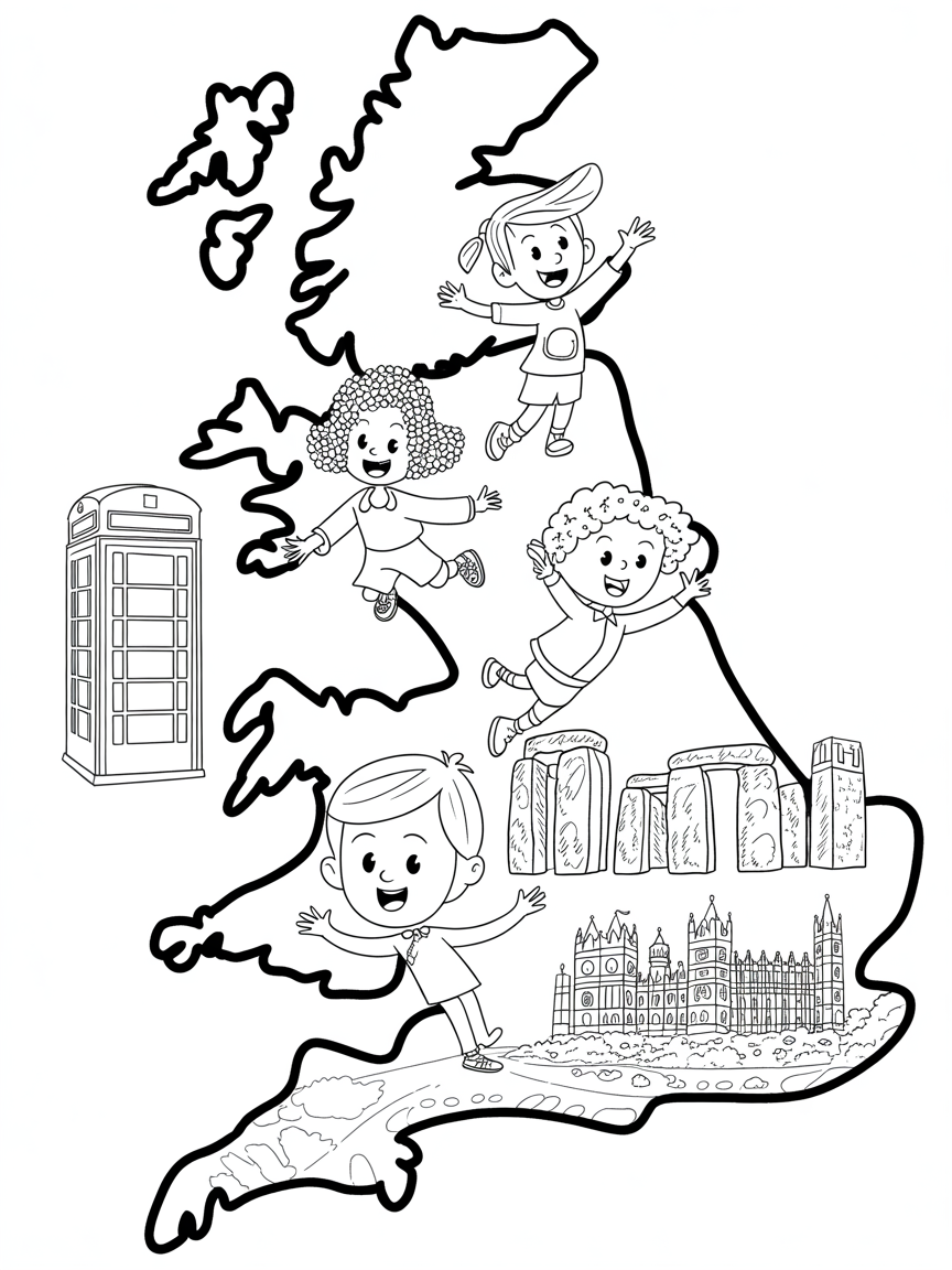 4 persons travelling in UK (show the UK map) - Free Coloring Page