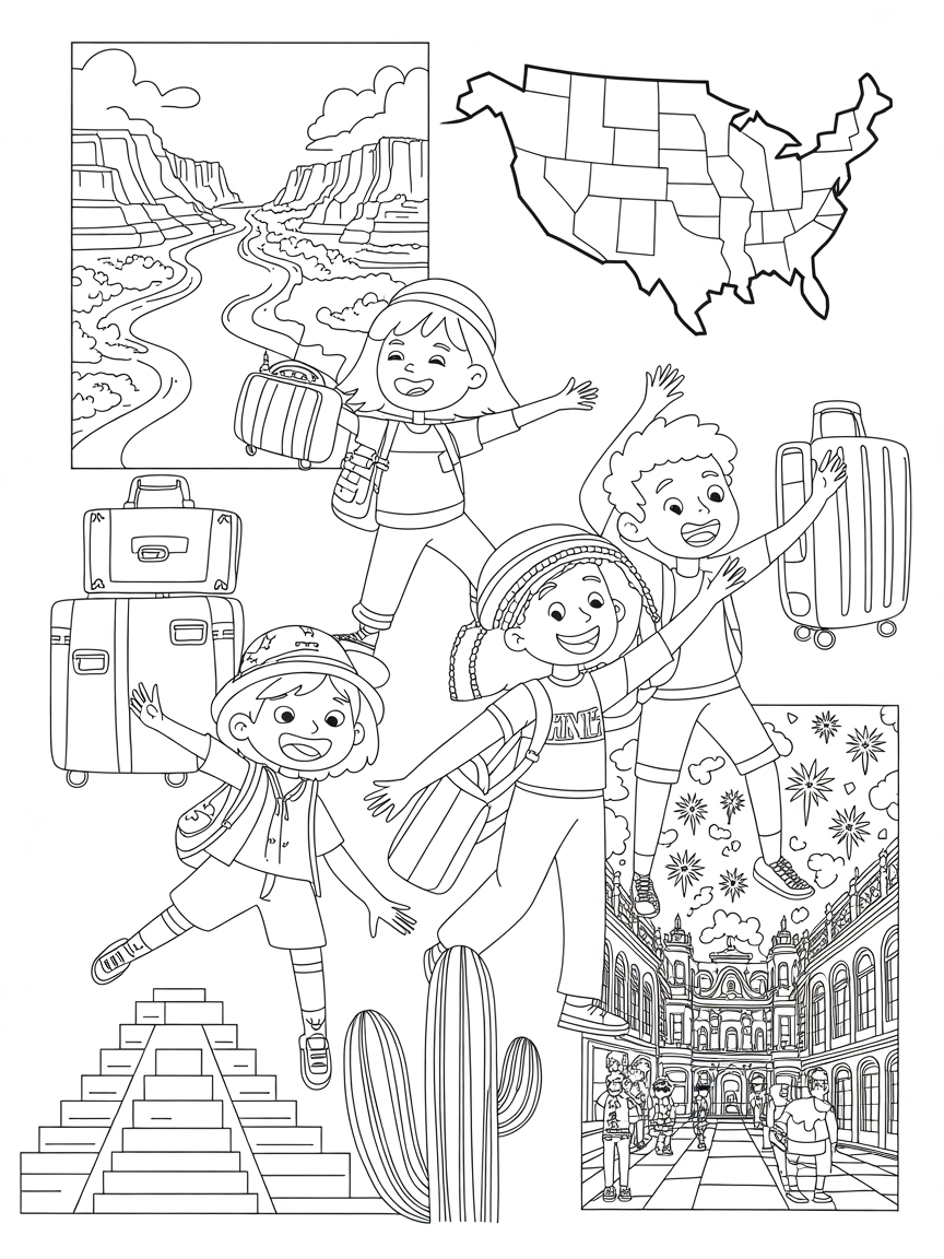 4 persons travelling in USA and Mexico. Show maps of USA and Mexico - Free Coloring Page
