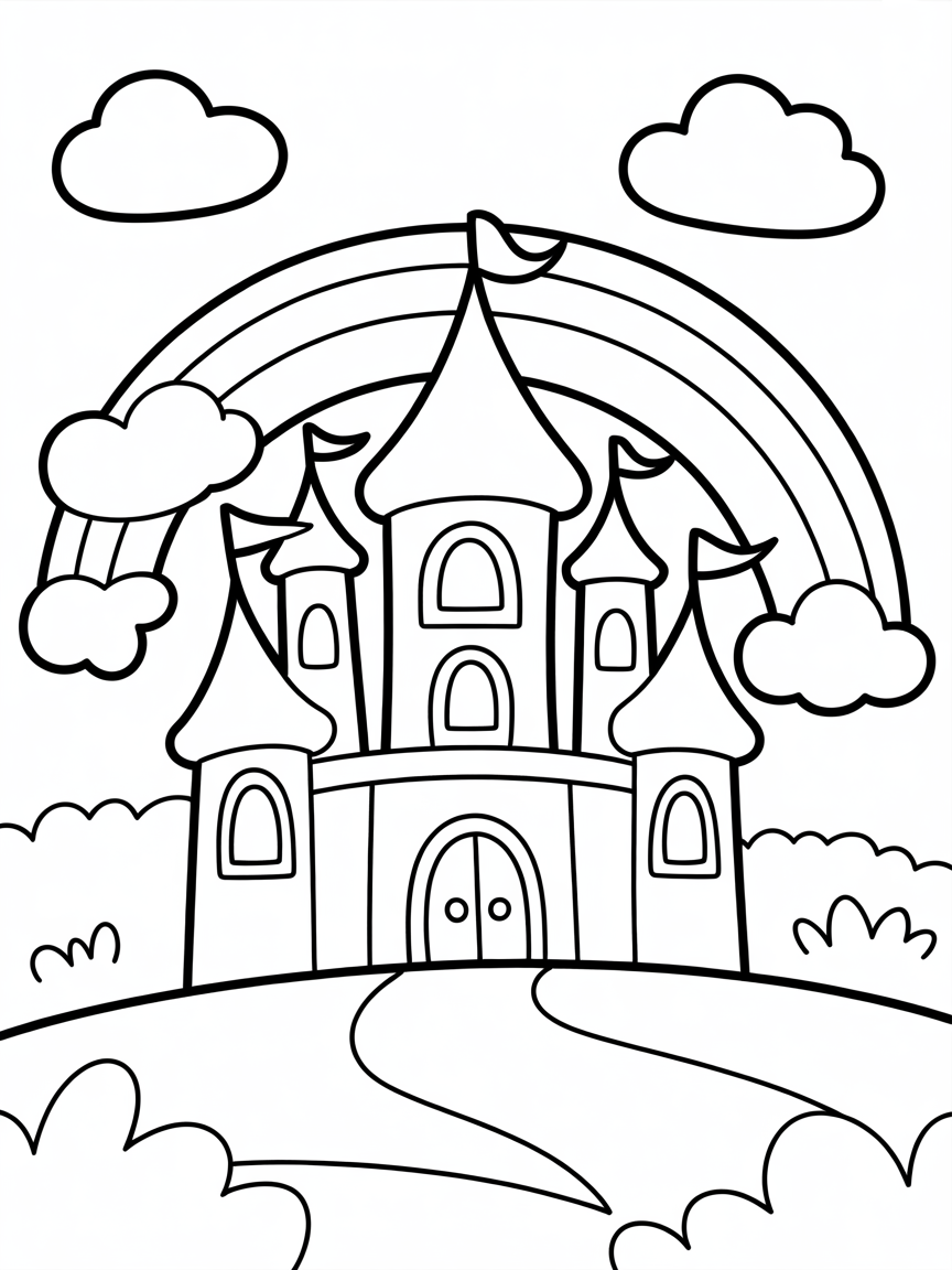 Princess Castle with rainbow - Free Coloring Page