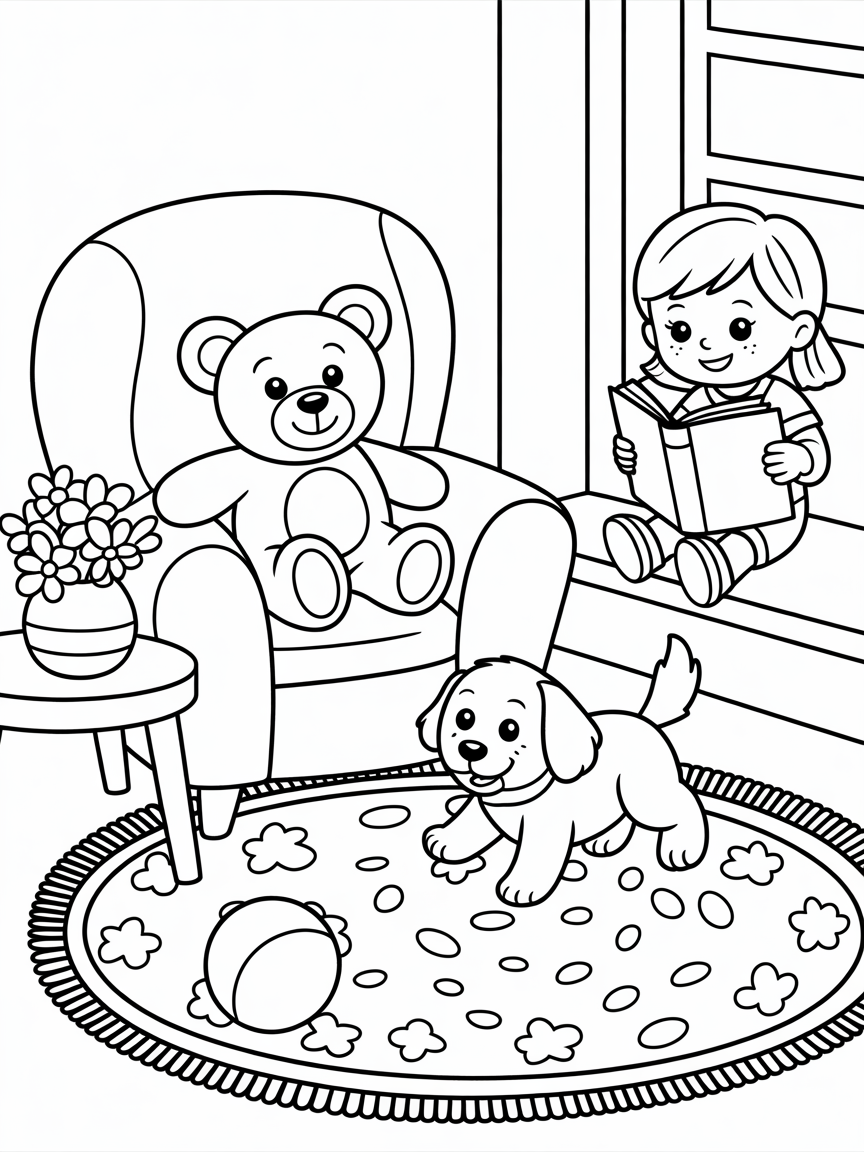 Cute colouring page, flowers, furniture, people, animals cute, cozy - Free Coloring Page