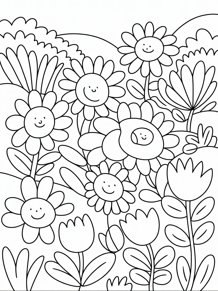 Garden filled with colourful plants and flowers - Free Coloring Page