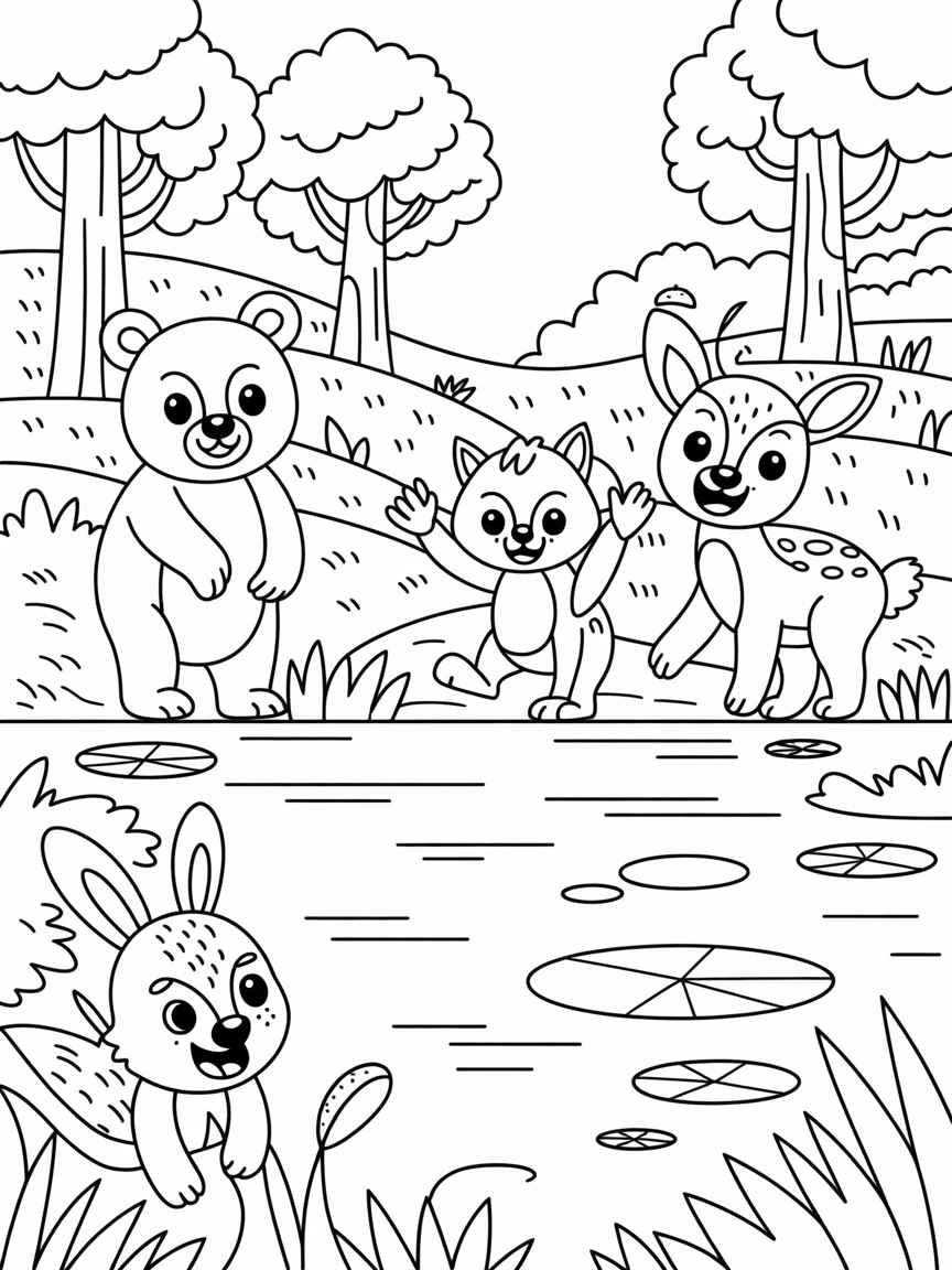 Animals in a forestwith a big lake - Free Coloring Page