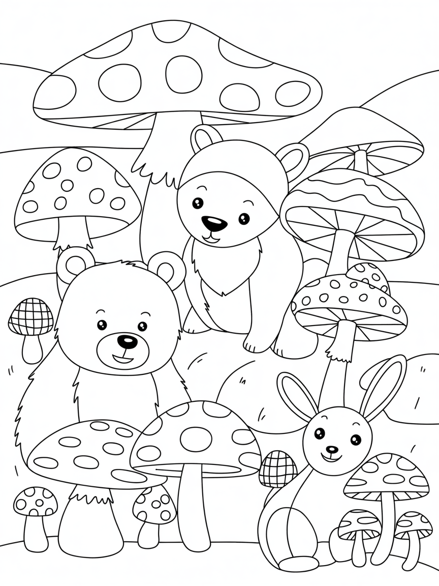 Relistic animals in the forest with mushrooms and toadstools - Free Coloring Page
