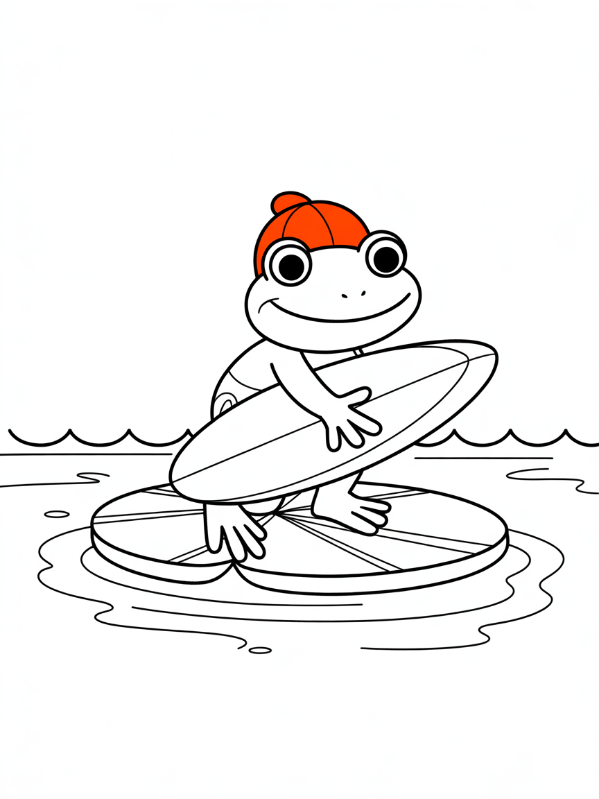 Frog surfing on a giant lily pad - Free Coloring Page