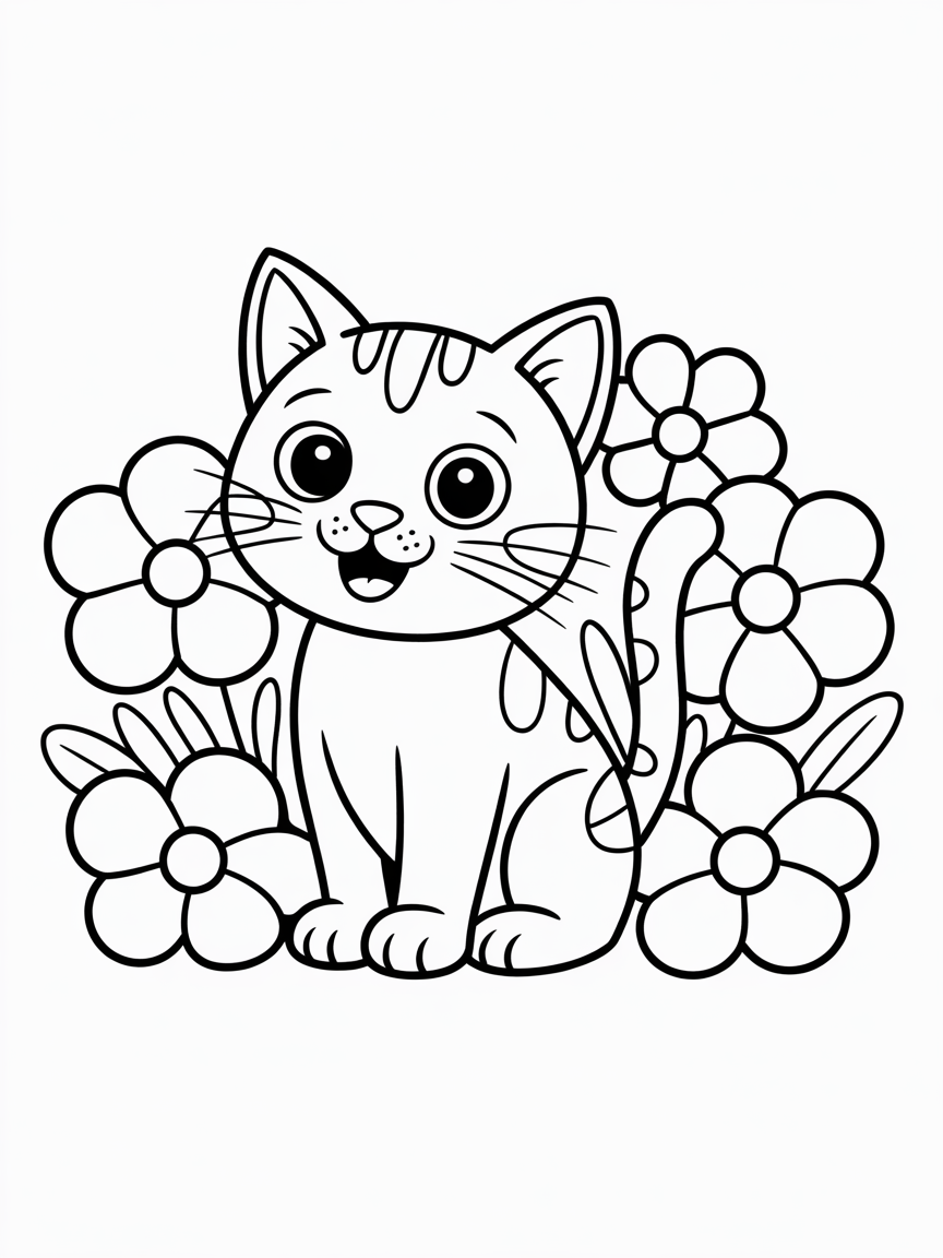 a cat and flowers - Free Coloring Page