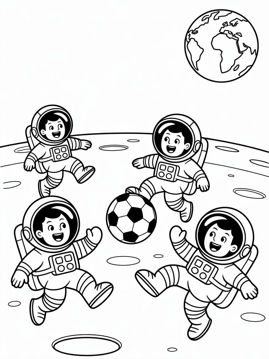 Astronauts playing soccer on the moon - Free Coloring Page