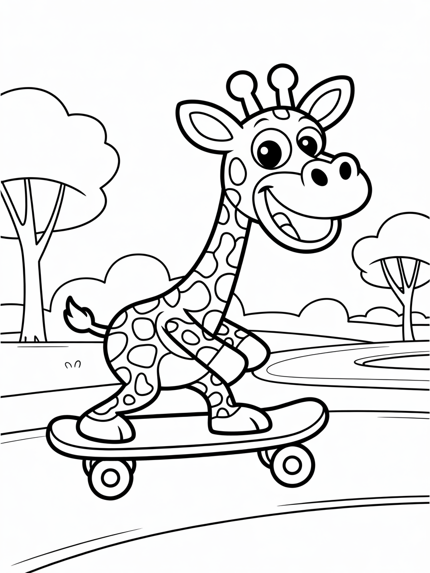Giraffe riding a skateboard in the park - Free Coloring Page