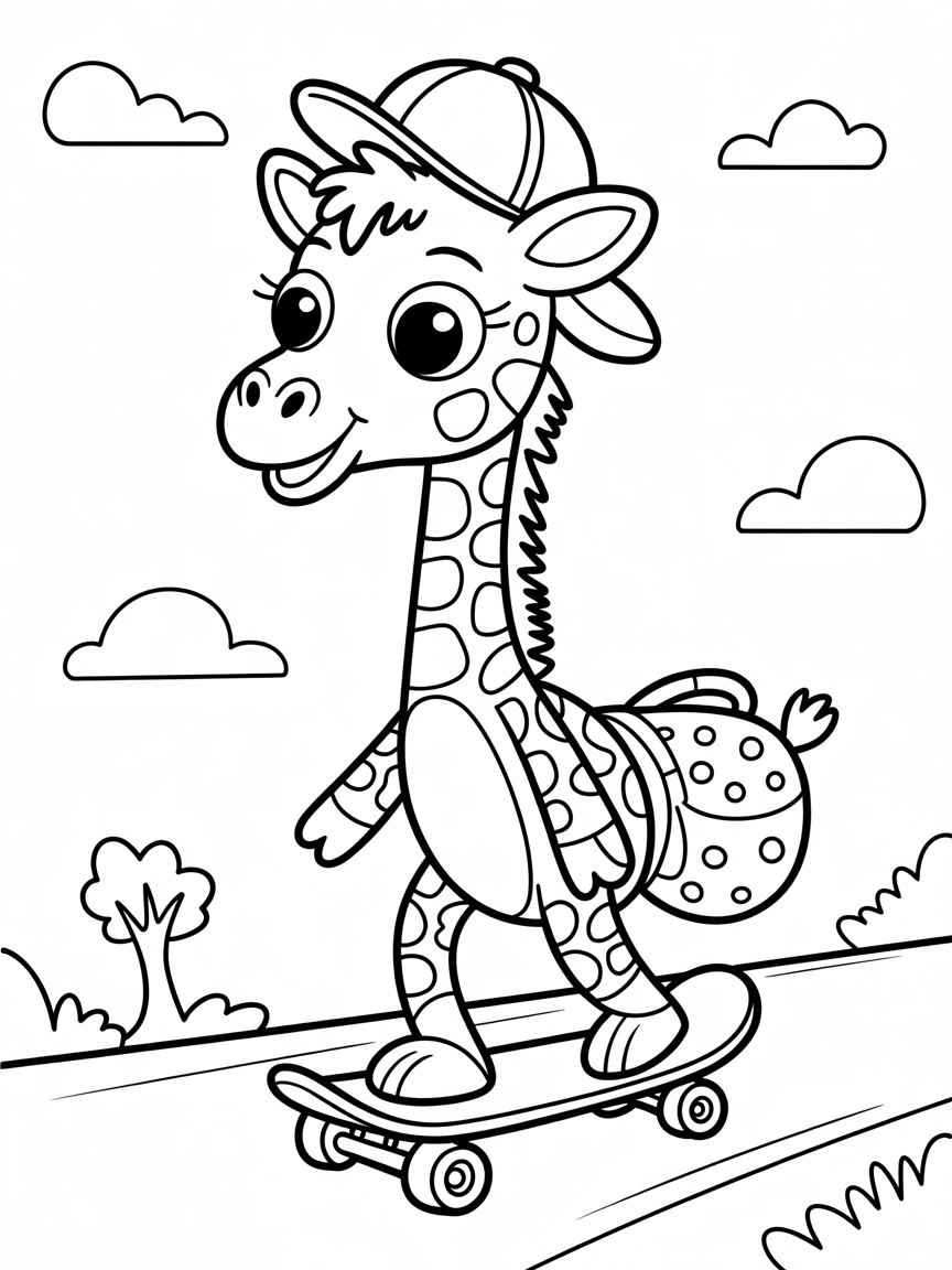 Giraffe on a skateboard adventure - Free Coloring Page
