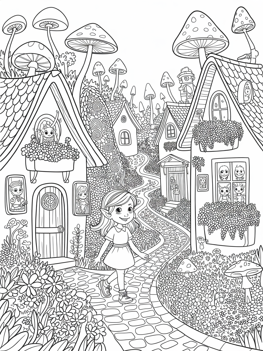 Young girl in magic village - Free Coloring Page