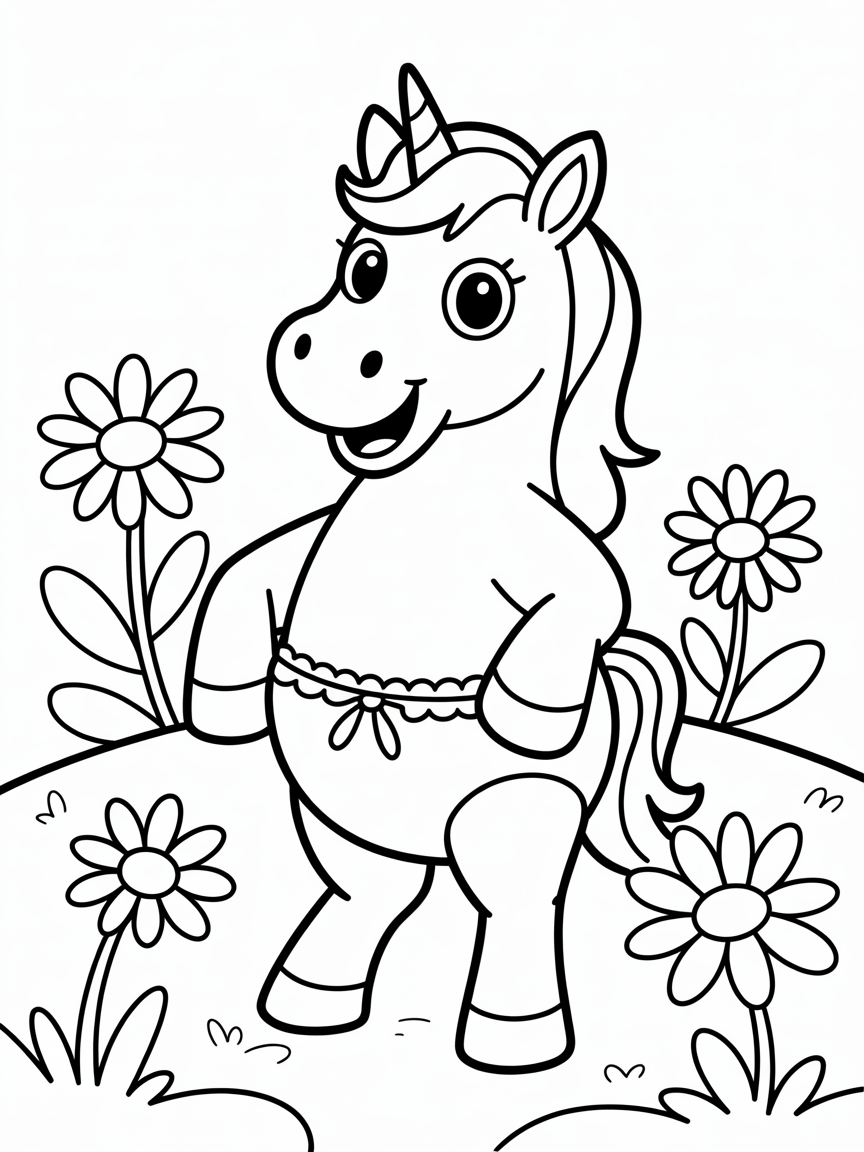 Unicorn with a big belly and wearing bloomers - Free Coloring Page