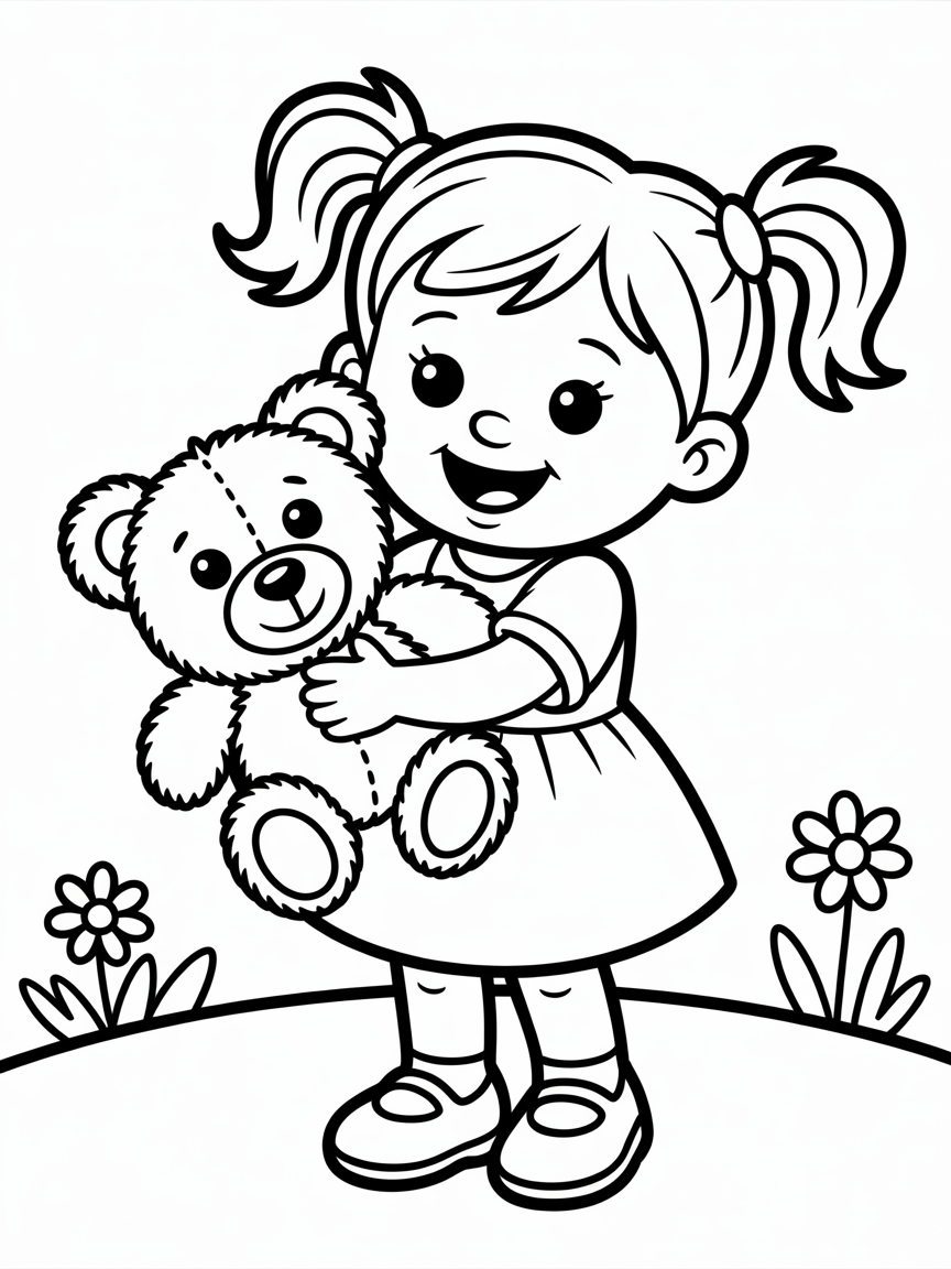 Little girl holding teddy bear - Free Coloring Page