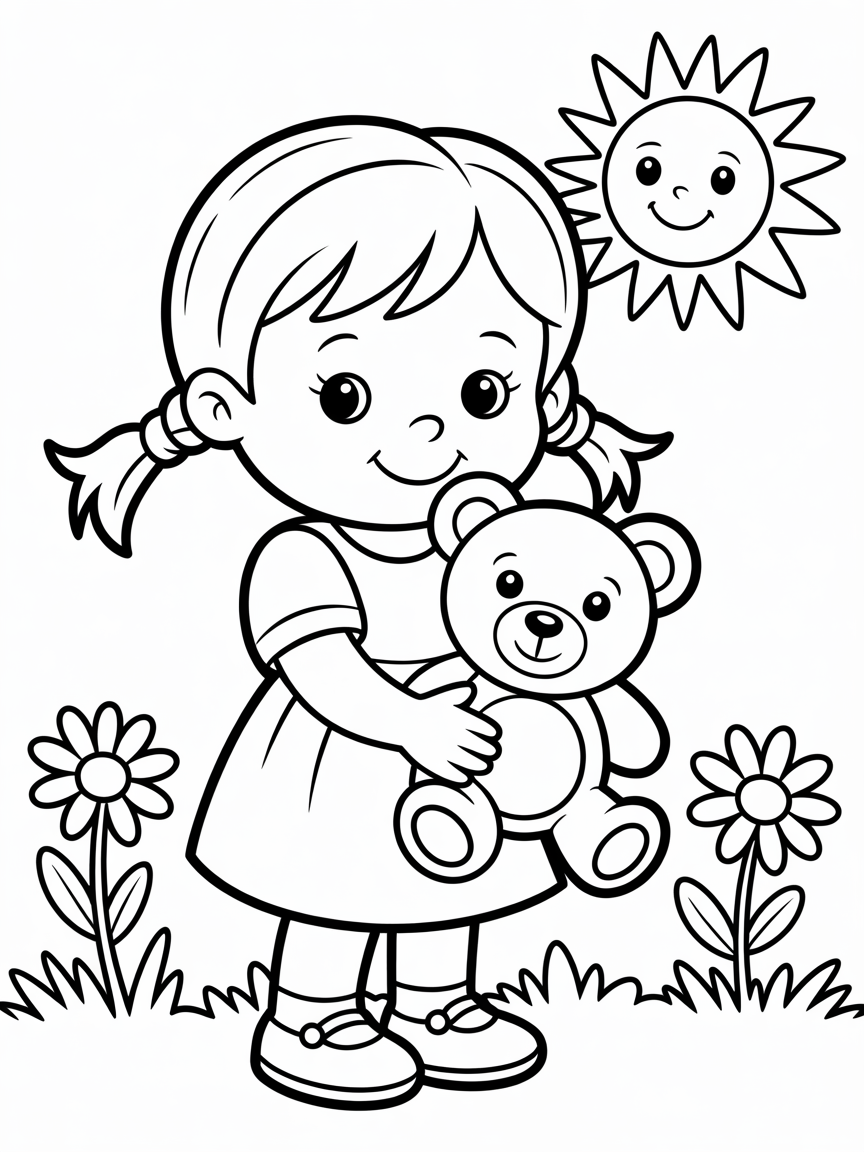 Little girl holding teddy bear - Free Coloring Page