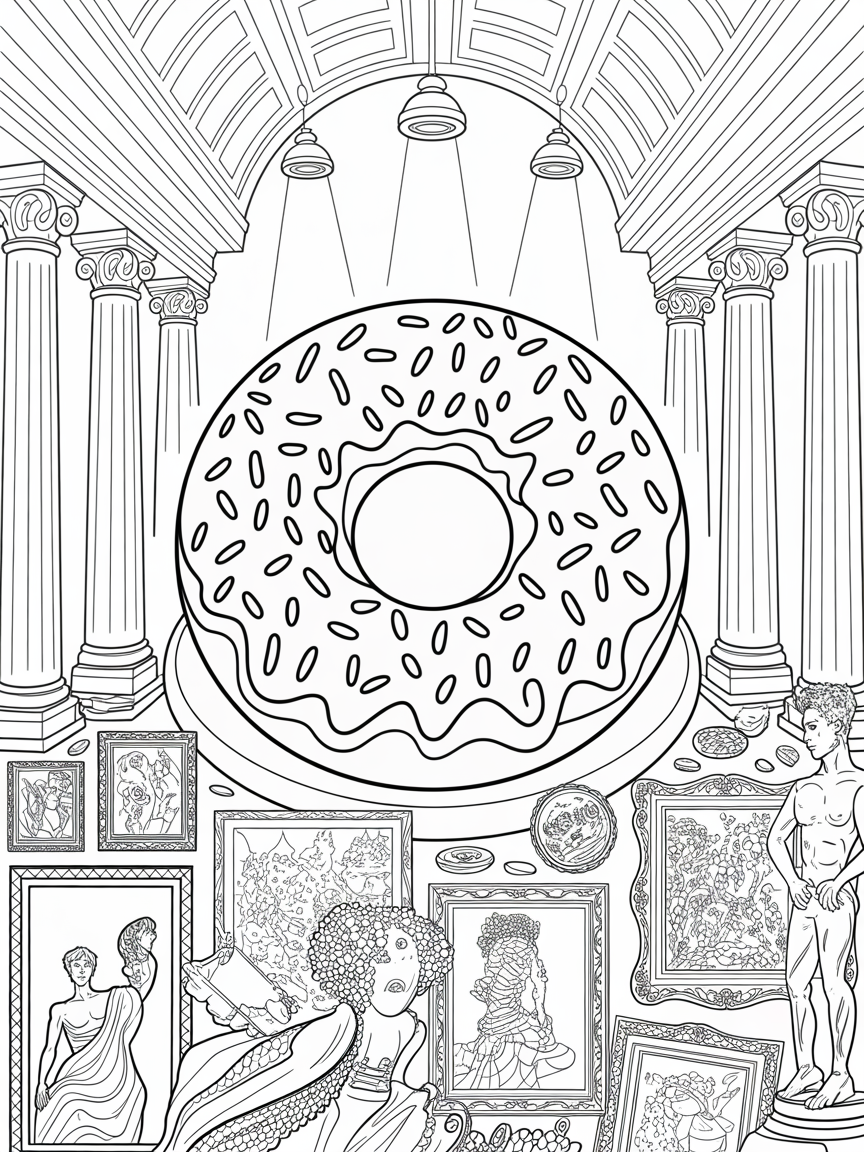 Donut in a museum - Free Coloring Page