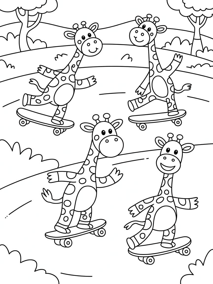 Giraffes riding skateboards in the park - Free Coloring Page