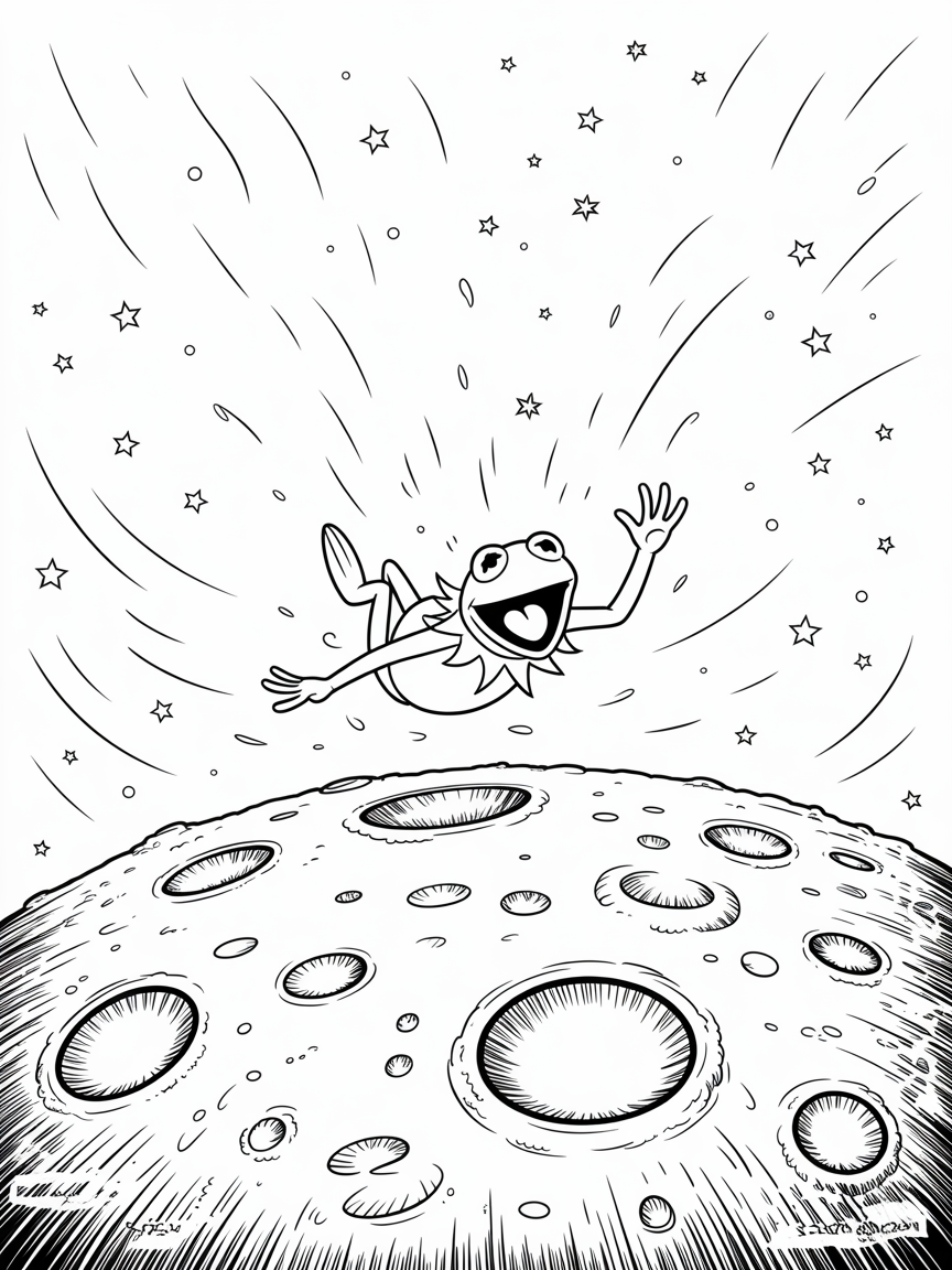 Kermit the frog falling off the moon - Free Coloring Page