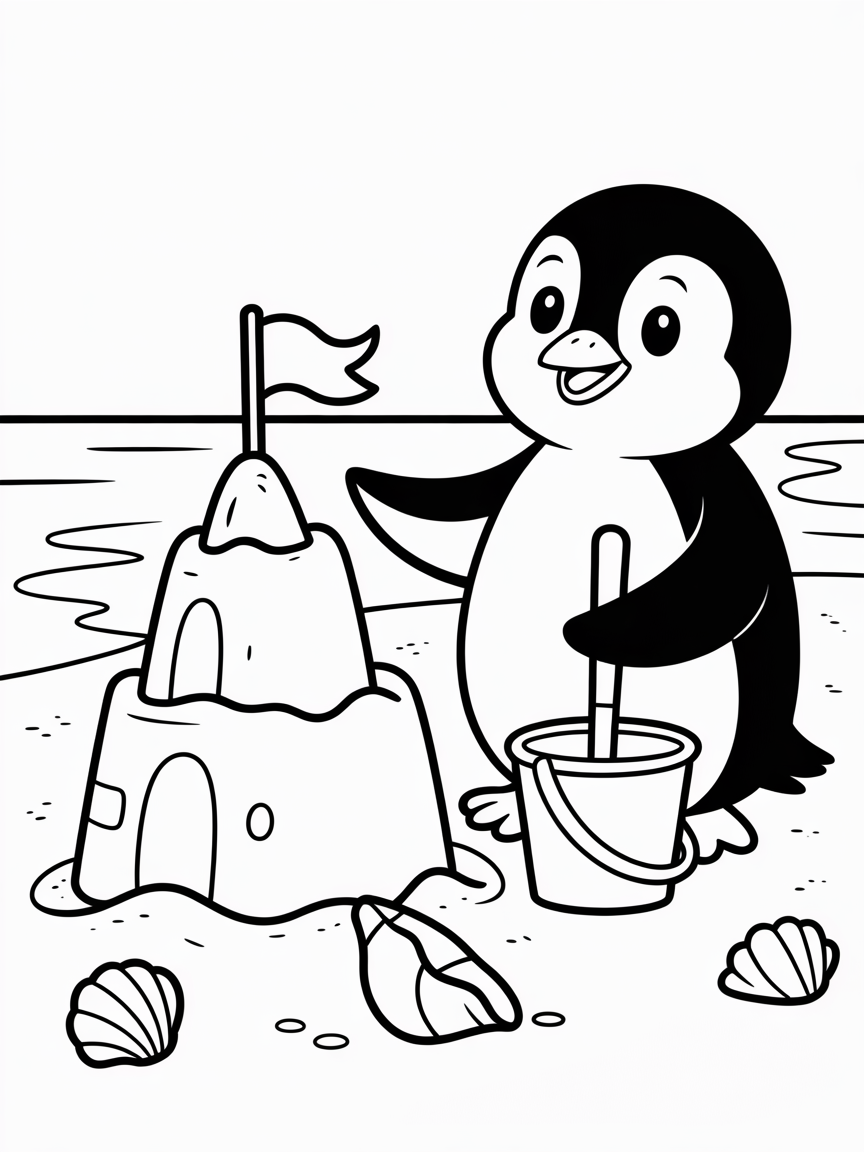 Penguin building a sandcastle beach - Free Coloring Page