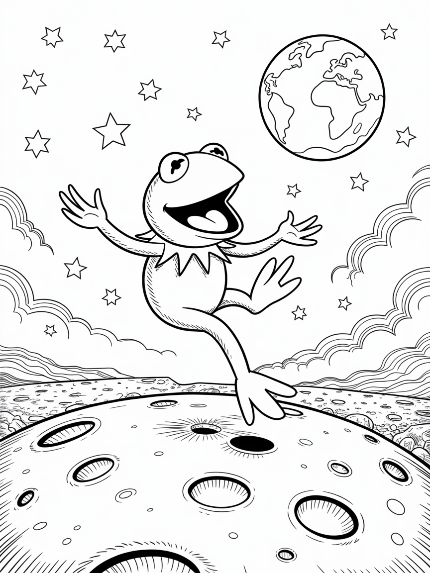 Kermit the frog falling off the moon - Free Coloring Page