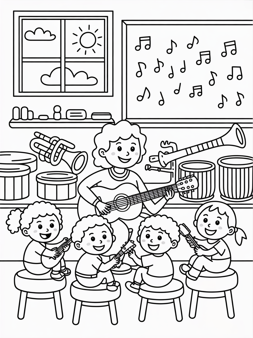 Guitar music classroom - Free Coloring Page
