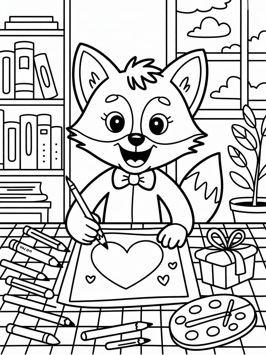 Fox drawing a birthday card - Free Coloring Page