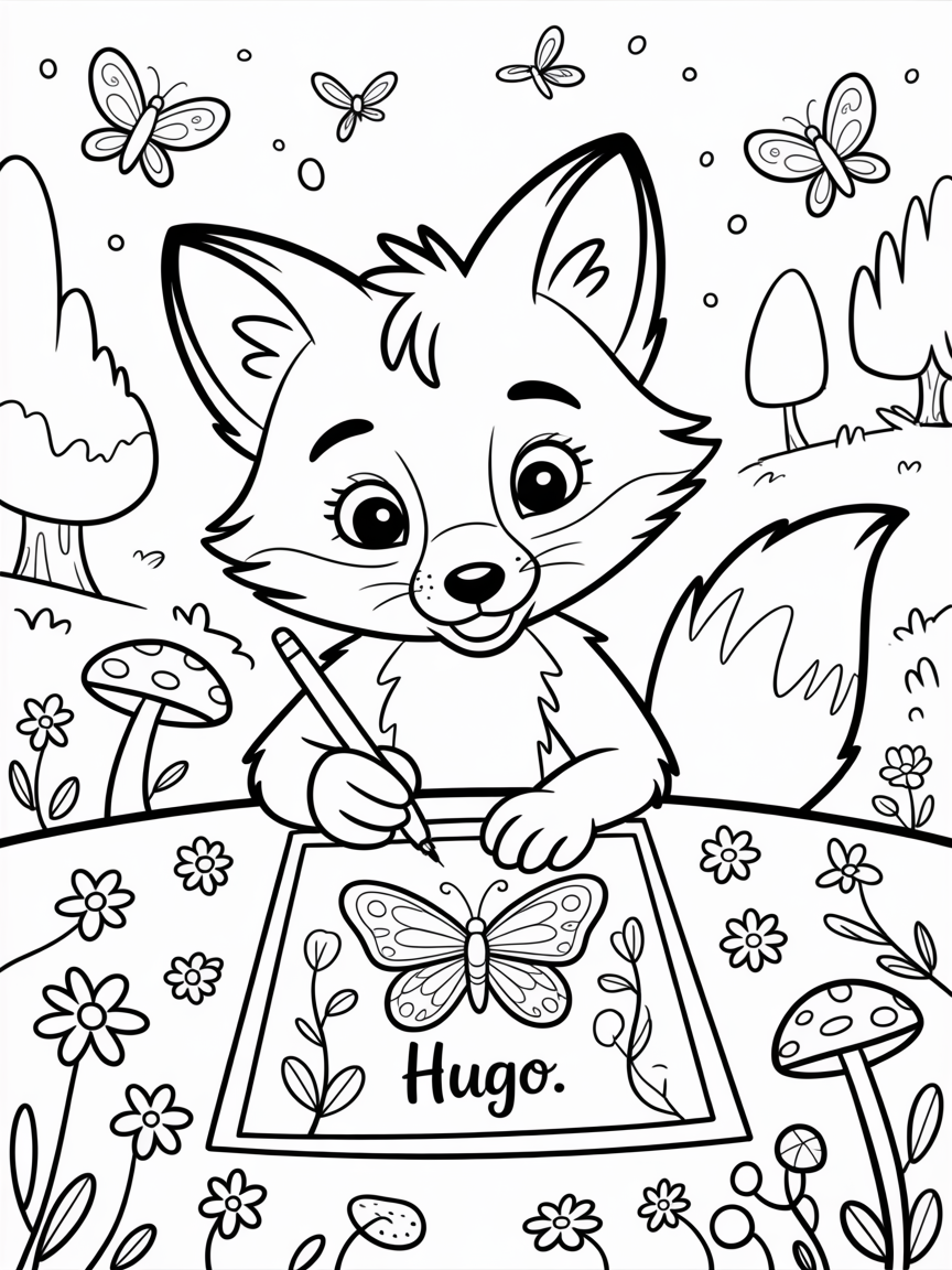Girl fox wearing a shirt with butterflies drawing a birthday card for Hugo, in a magical setting - Free Coloring Page