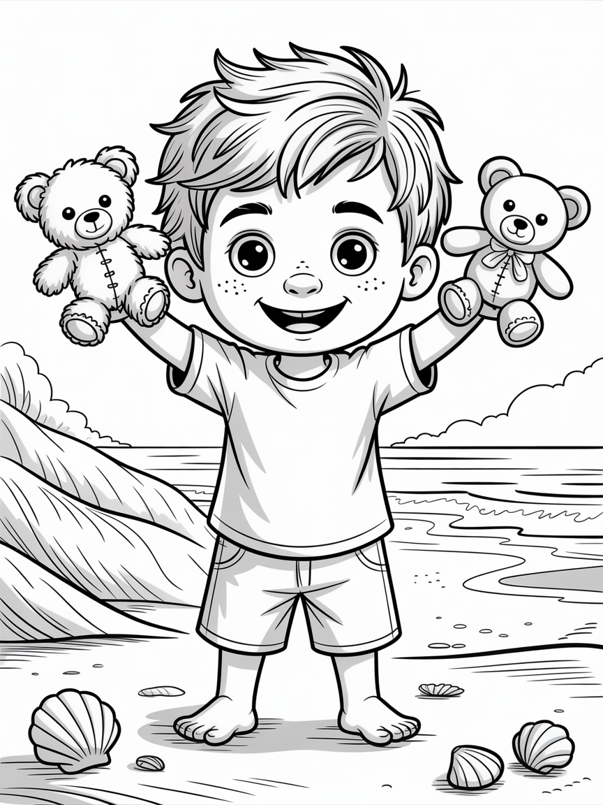 Hugo, a 9 year old boy with surfer hair, holding up two little toy bears - Free Coloring Page