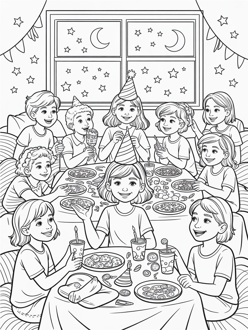 Naomi, an 11 year old girl at a sleepover with 8 friends fur her birthday - Free Coloring Page