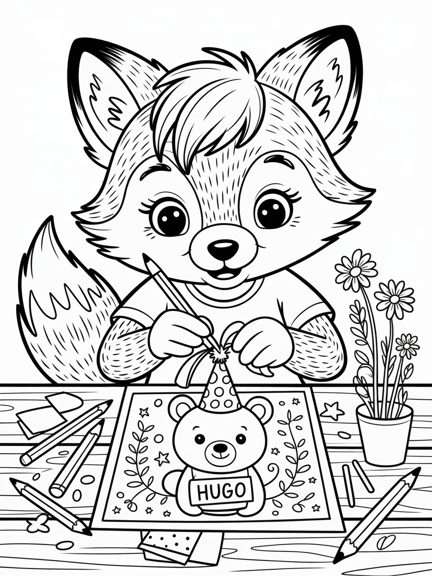 A girl fox making a birthday card for Hugo - Free Coloring Page