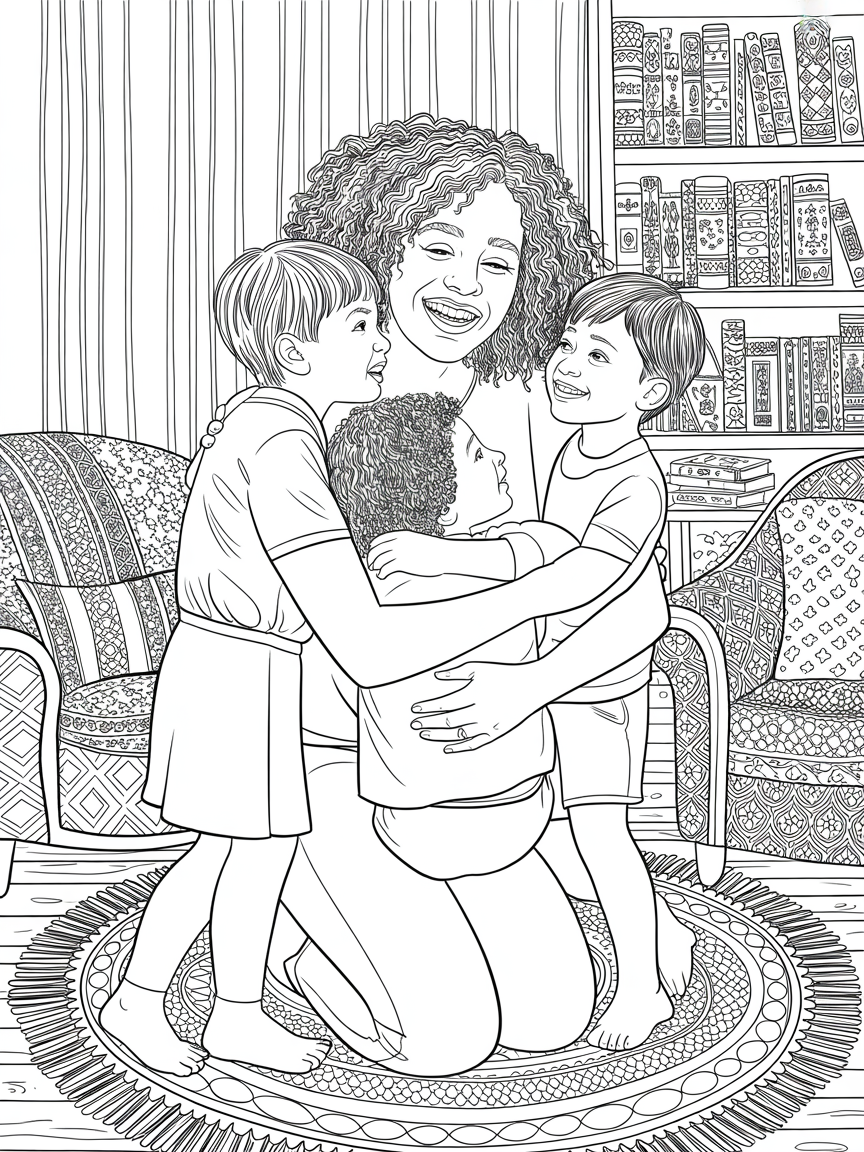 A fun mommy with curly hair is giving a lot of hugs to her kids - Free Coloring Page