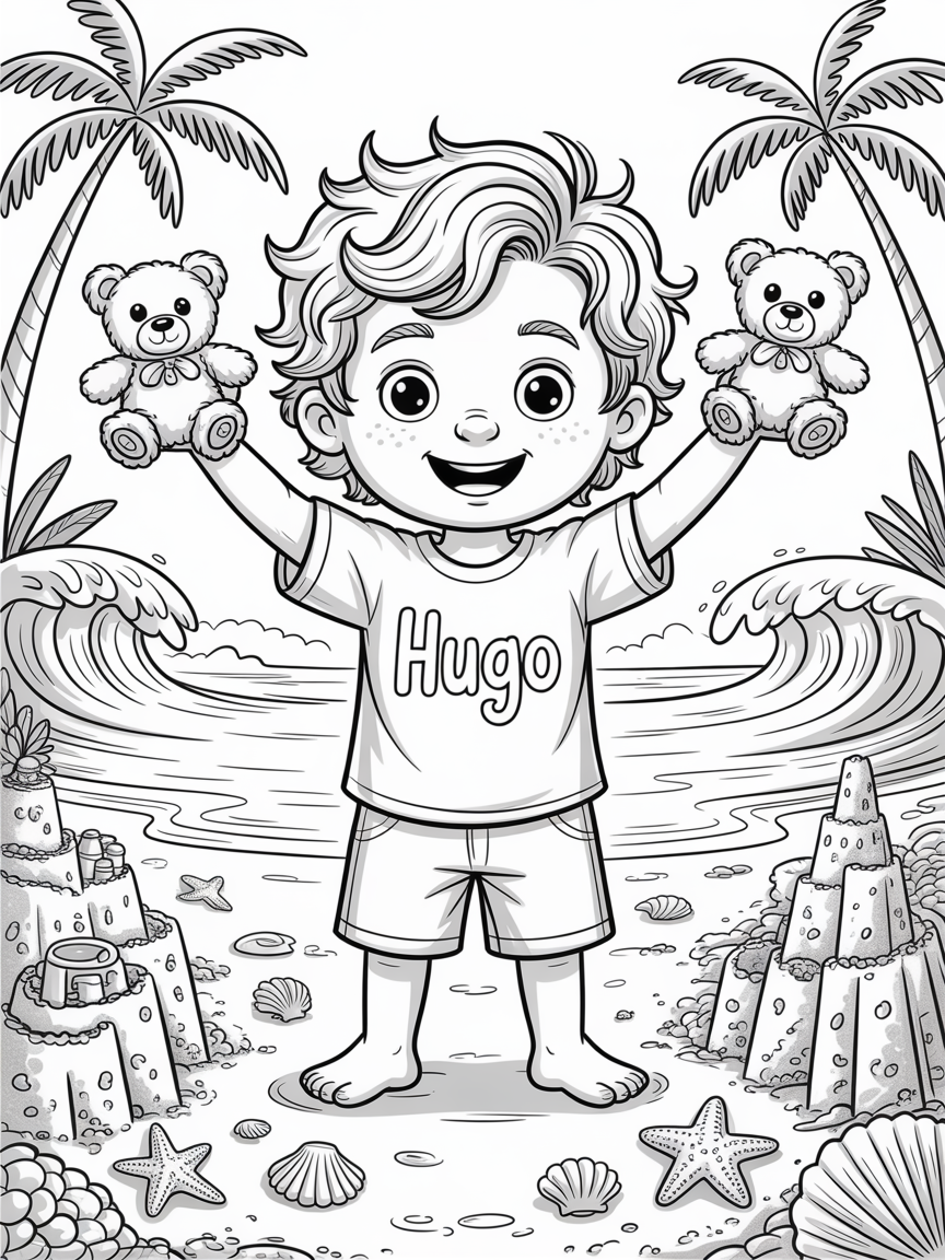 A 9 year old boy, with long surfer hair, holding up two little bears, wearing a shirt with letters Hugo on it. - Free Coloring Page
