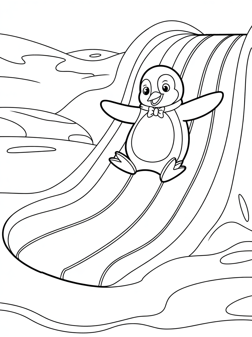 Penguin sliding on rainbow ice slide - Free Coloring Page