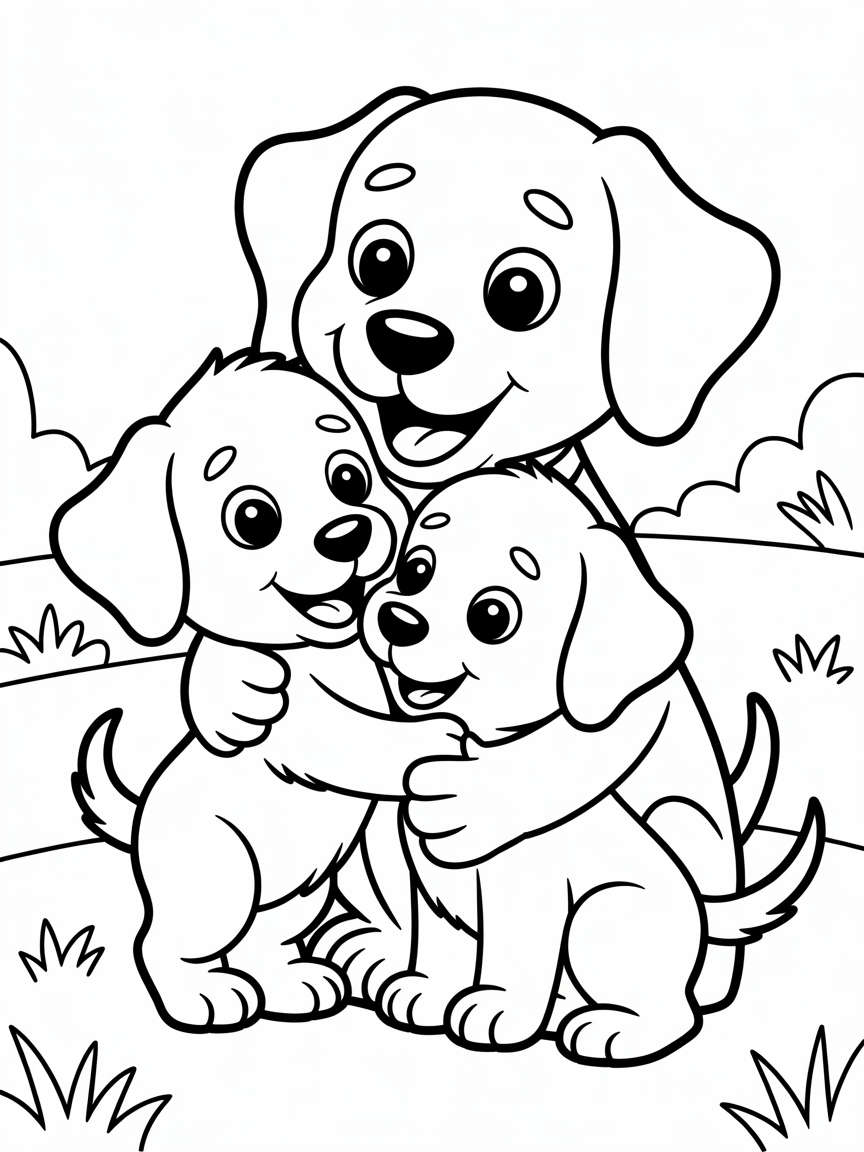 A dog mom is giving a hug to her two puppies with joy - Free Coloring Page