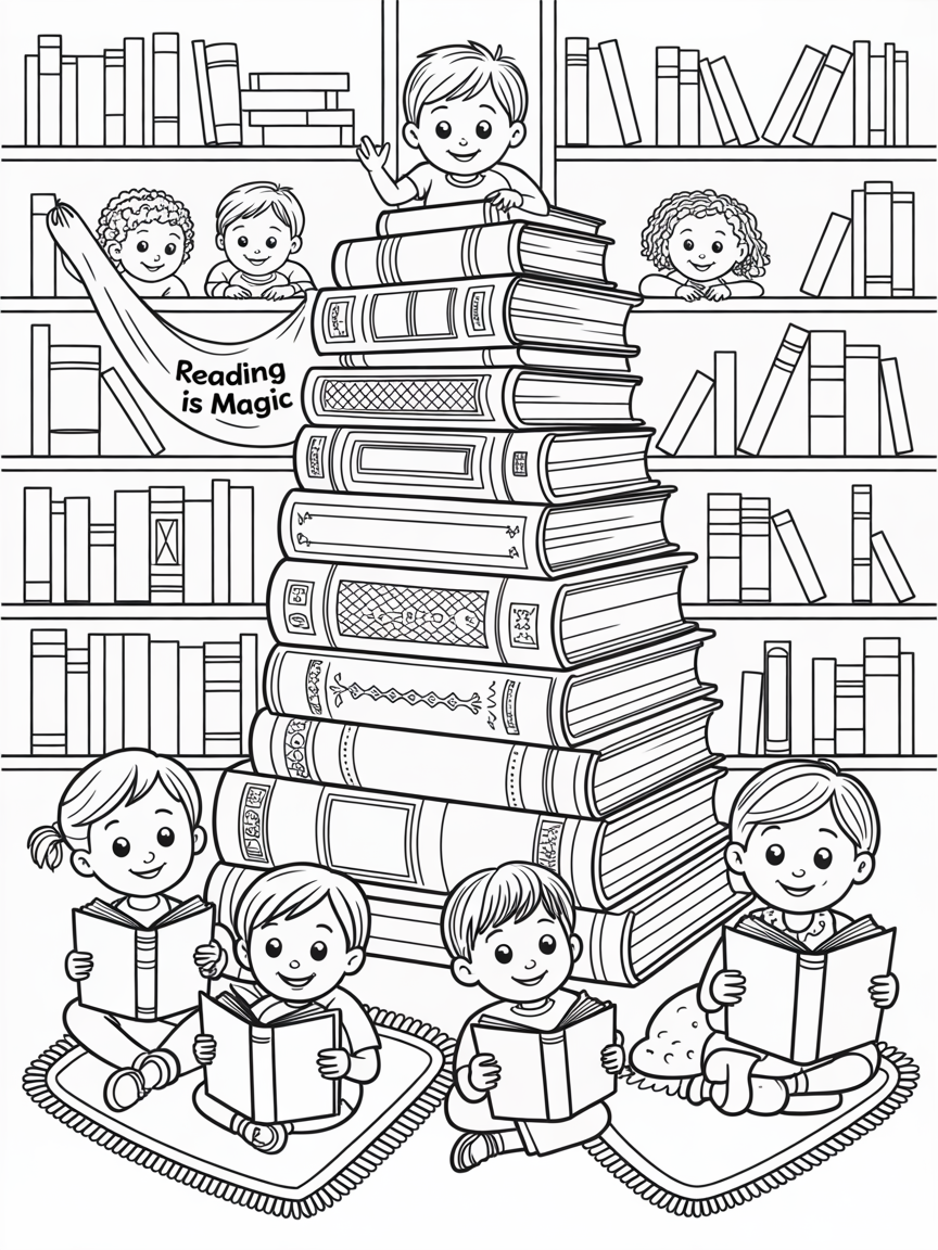 A mount of books, around a ten child reader - Free Coloring Page