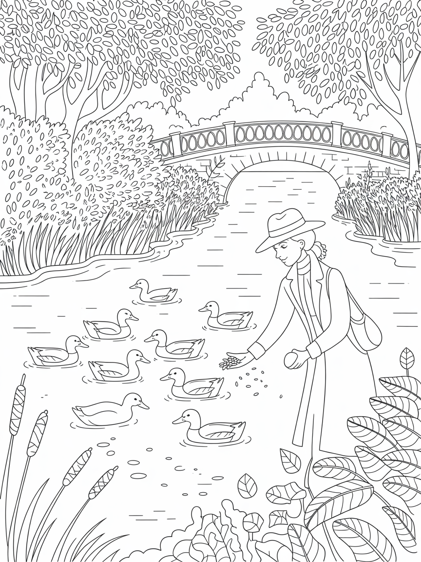 Feeding the ducks - Free Coloring Page