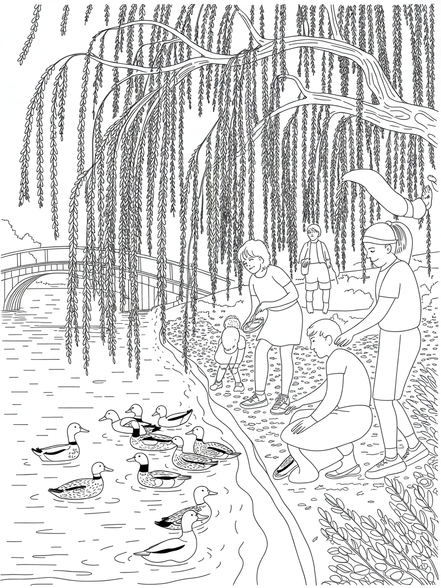 Feeding the ducks under a willow tree - Free Coloring Page
