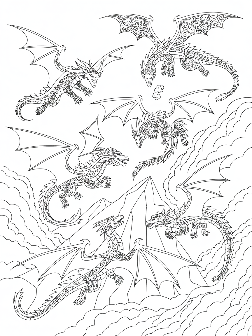 Dragons flying - Free Coloring Page