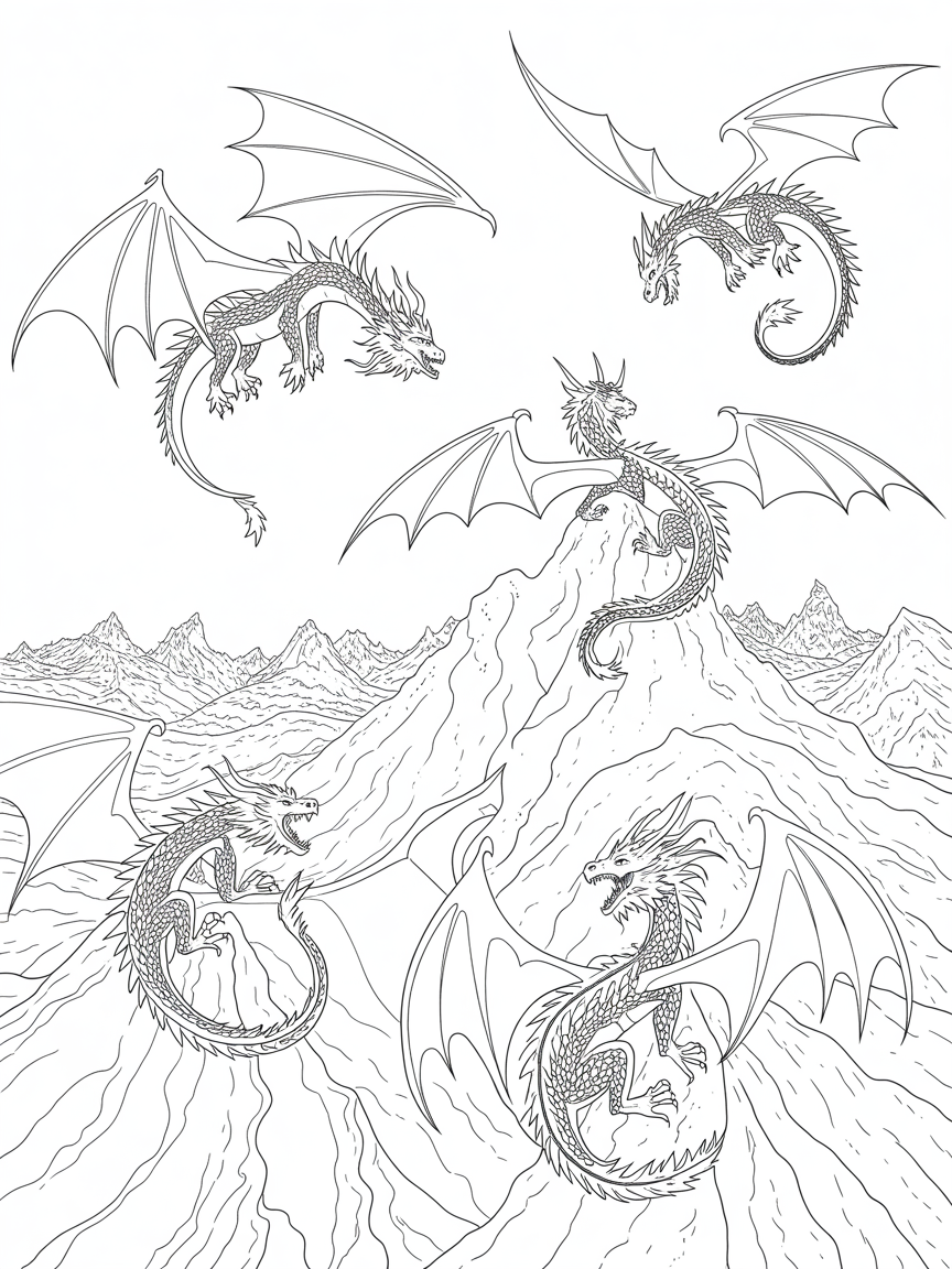 Dragons flying over mountain ranges - Free Coloring Page