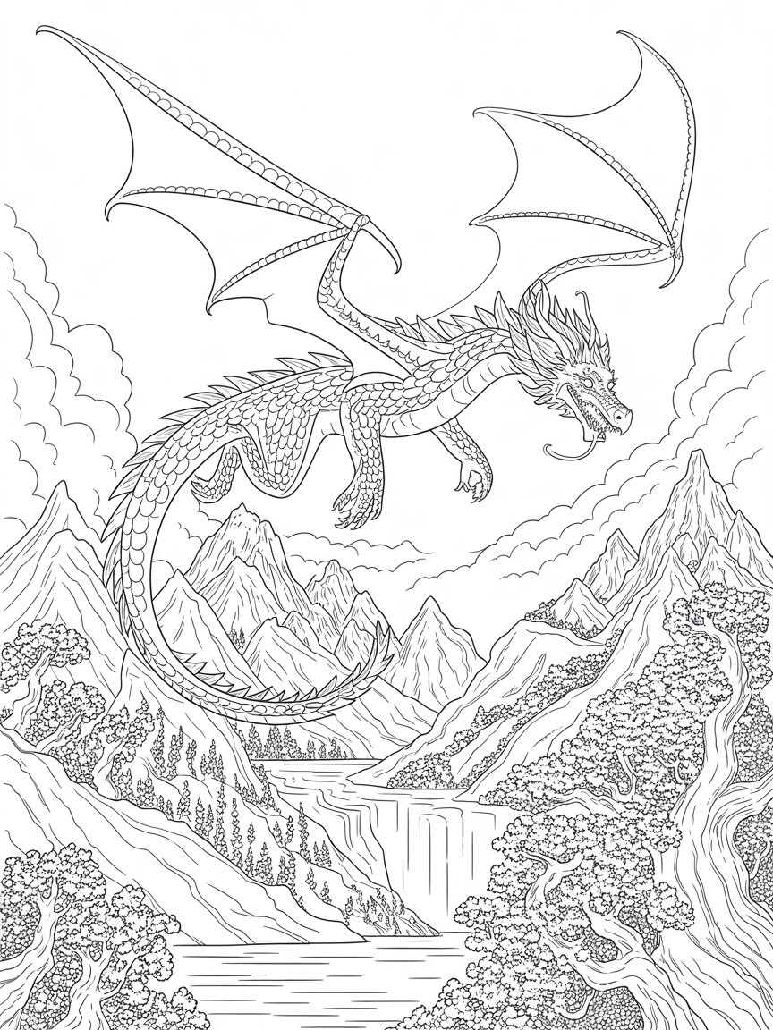 Dragon flying over mountain ranges - Free Coloring Page