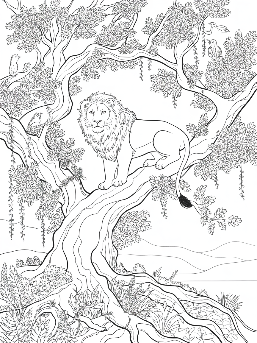 A lion up a tree - Free Coloring Page