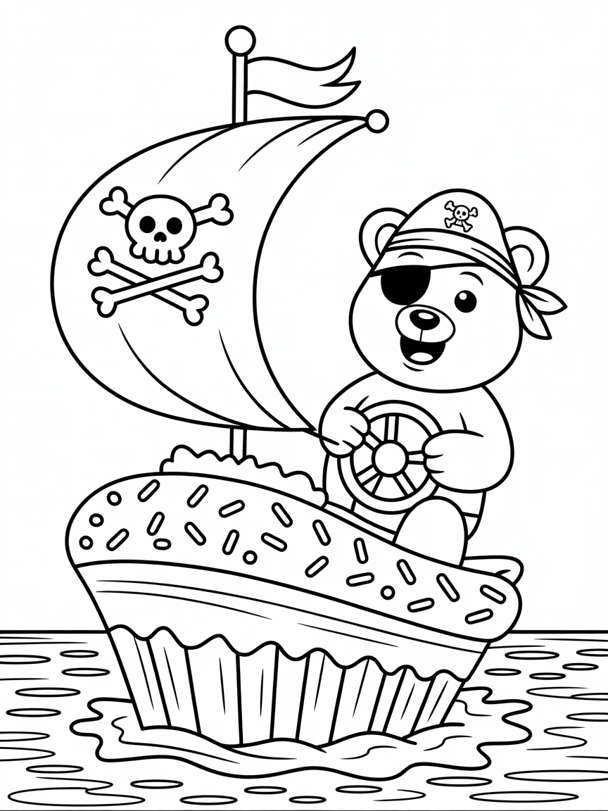 Pirate bear sailing a cupcake ship - Free Coloring Page