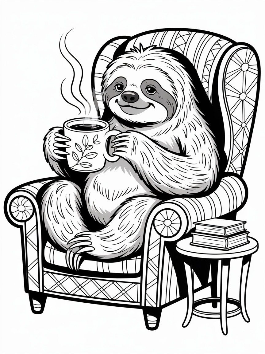 Sloth drinking coffee - Free Coloring Page