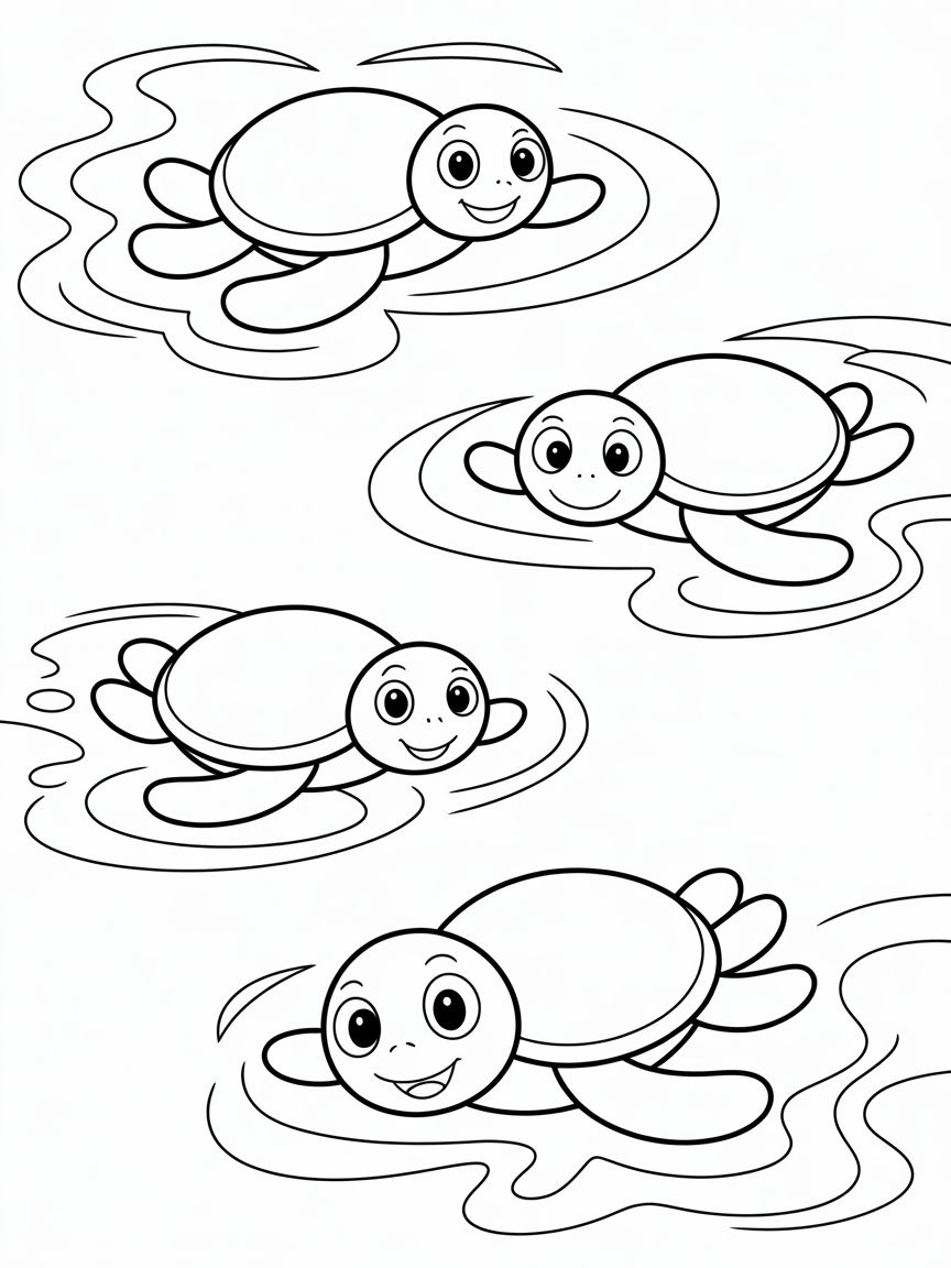 3 turles swimming in swirls of water - Free Coloring Page