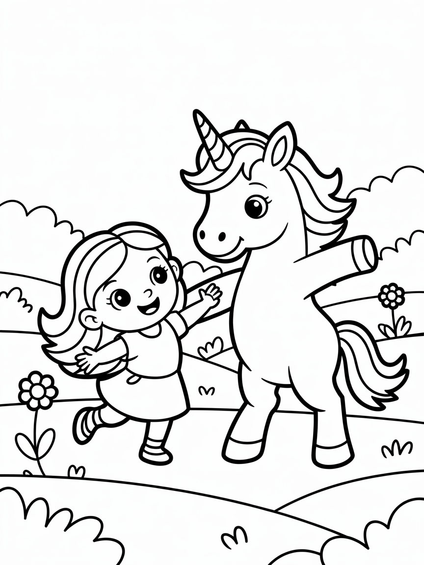 Unicorn and girl dancing - Free Coloring Page