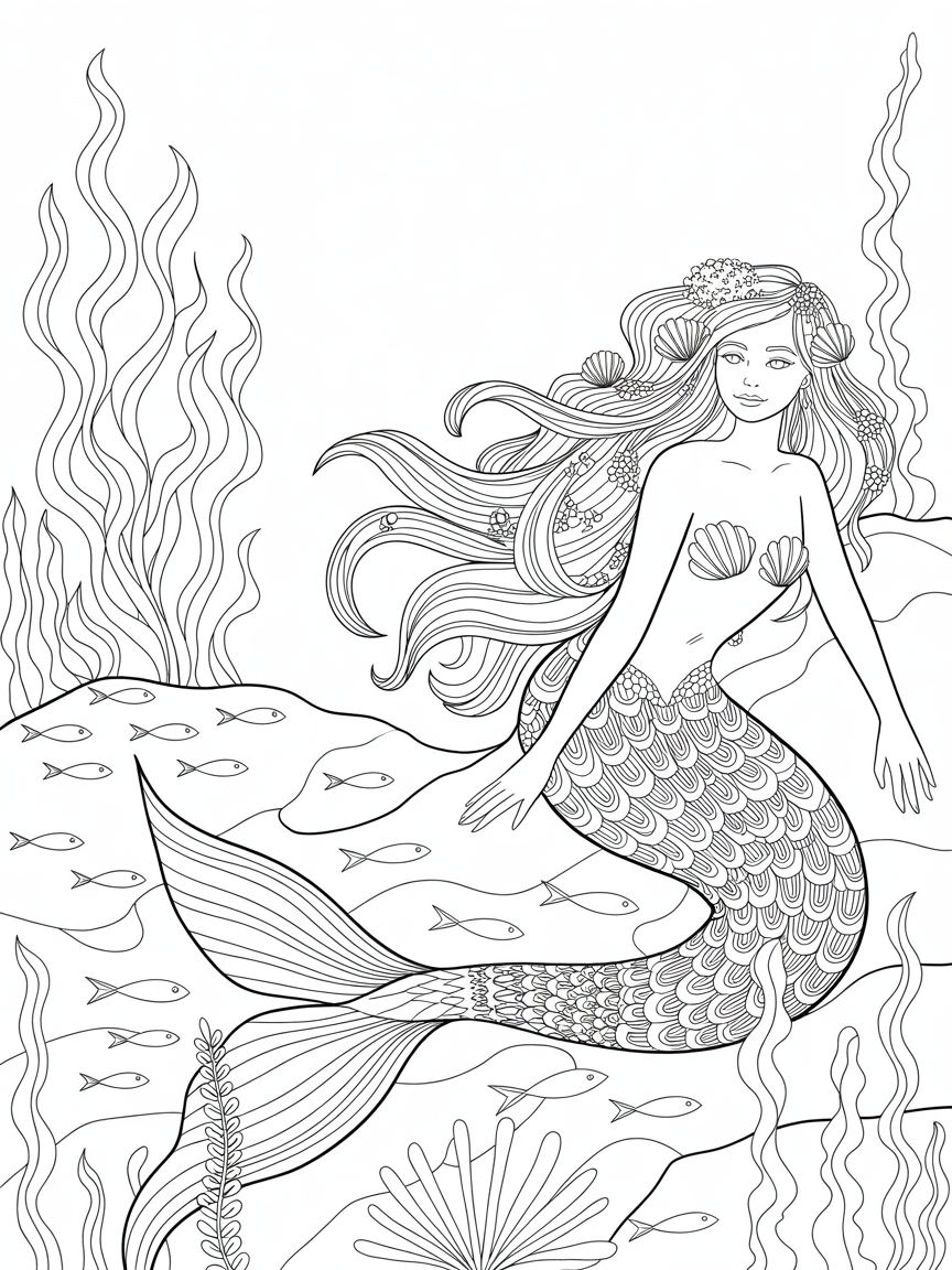 Fantasy mermaid - Free Coloring Page