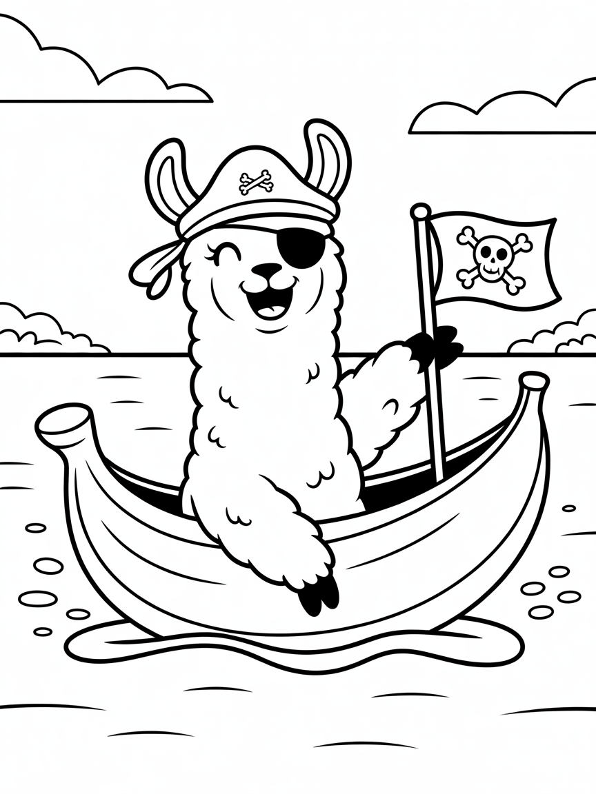 Pirate llama sailing a banana boat - Free Coloring Page