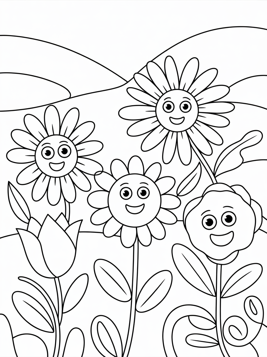 a garden with flowers blooming - Free Coloring Page