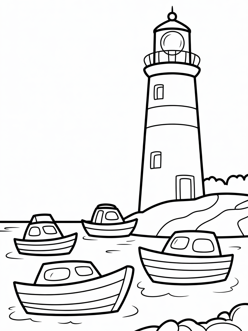 Boats and lighthouse - Free Coloring Page