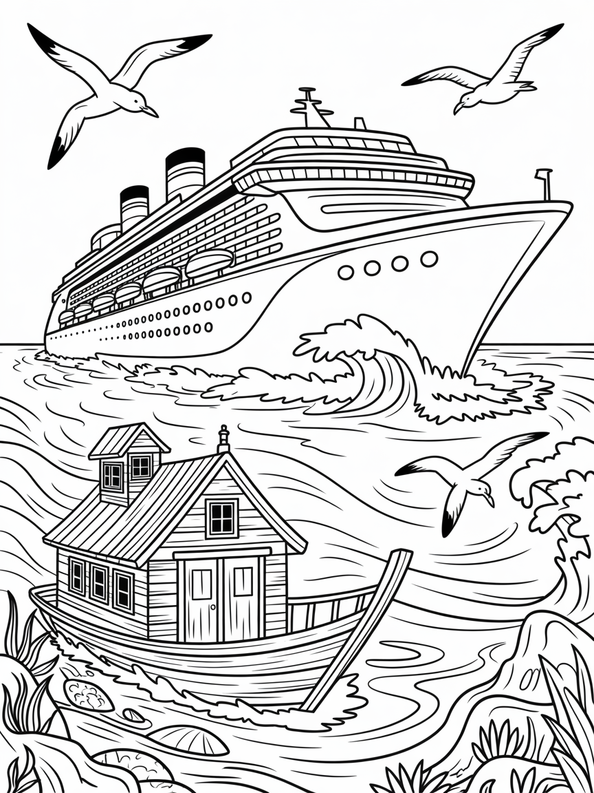 Cruiseschip+waves+boathouse+birds - Free Coloring Page