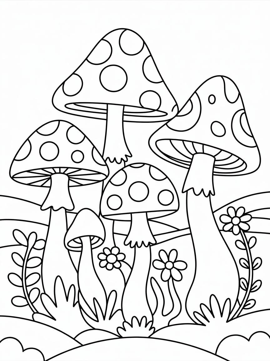 Magical mushroom forest - Free Coloring Page